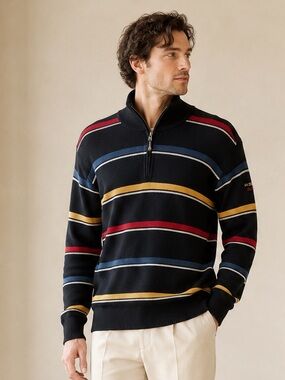 Sail Exp Marine Concept Y2K Striped Merino Wool Quarter Zip Sweater Sz XL